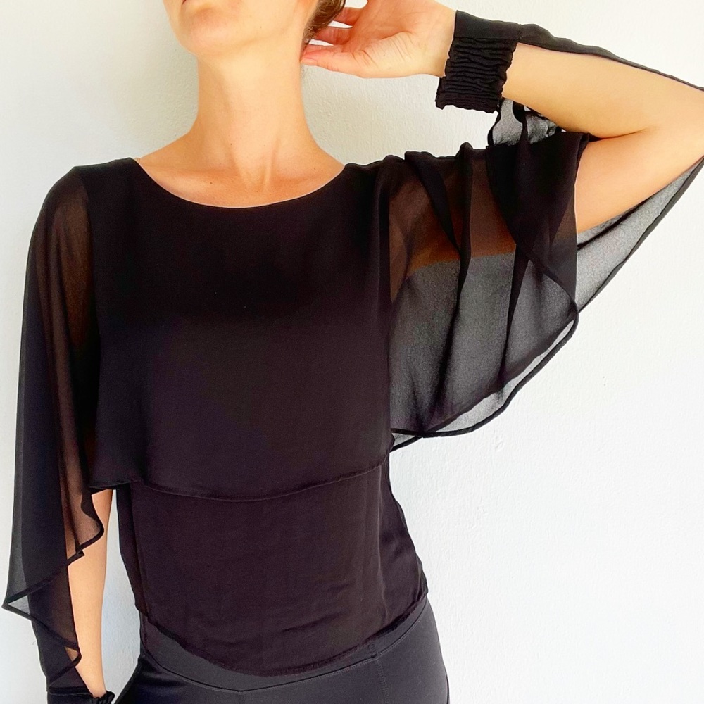 ZARA black sheer layered chiffon cut out cuff sleeve blouse size XS